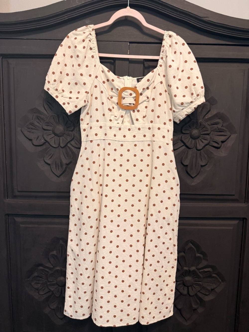 QED London Cream Dress with Brown Polka Dots and Buckle Detail with Cutout